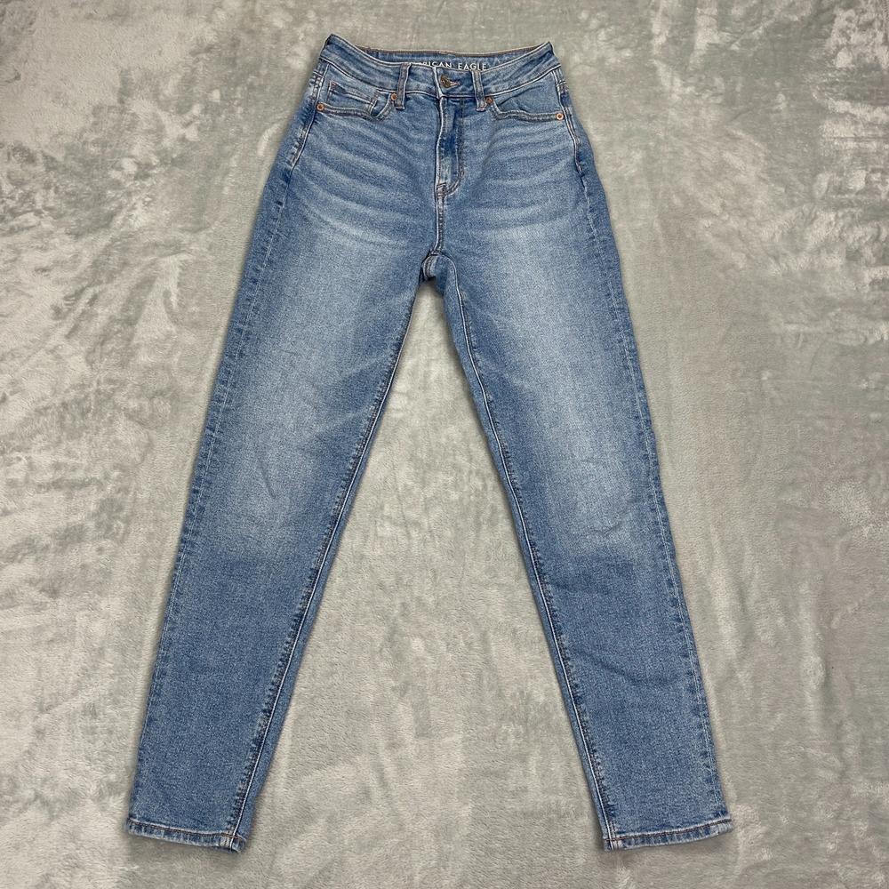 American Eagle Jeans Womens 00R (25x28) Blue Denim Faded Stretch Mom Tapered Leg
